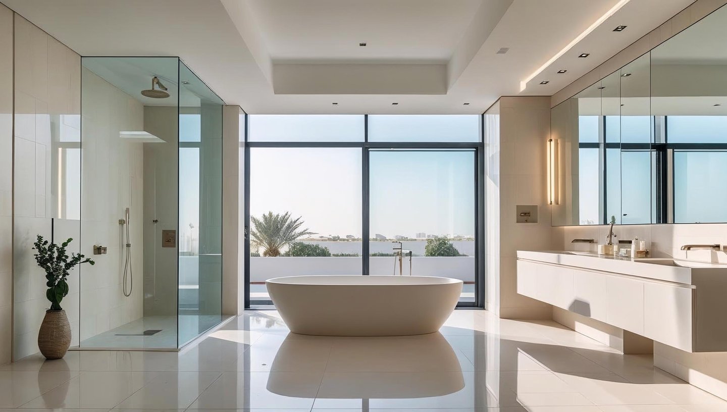 Wide view of a modern bathroom with walk-in shower, freestanding tub, vanities, and wet room design.