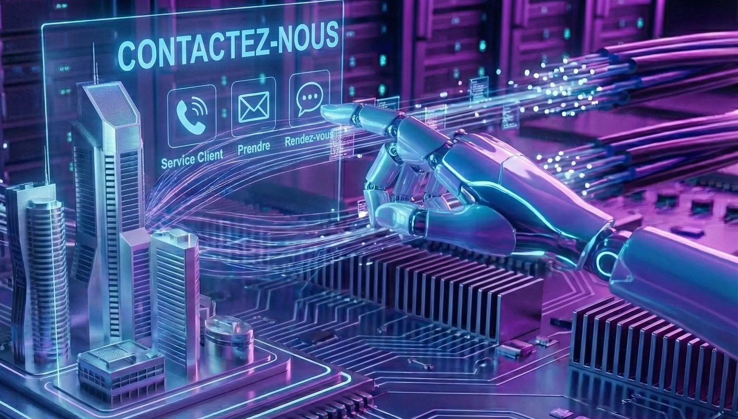 Main robotique activant une interface de contact client virtuelle sur fond de serveurs