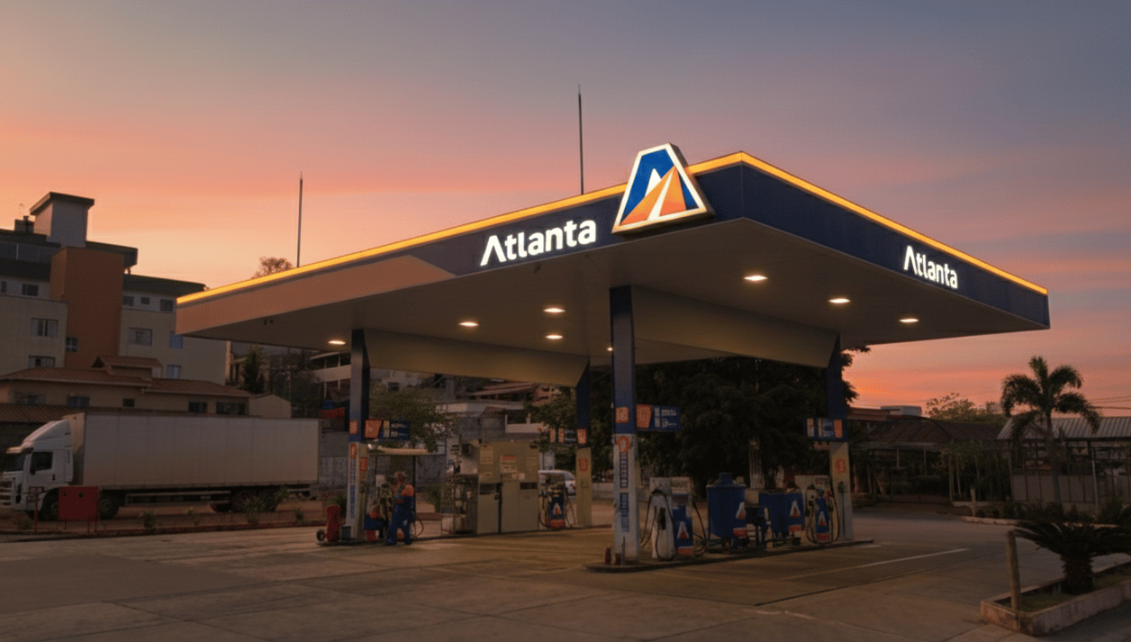 a gas station with a truck parked in front of it