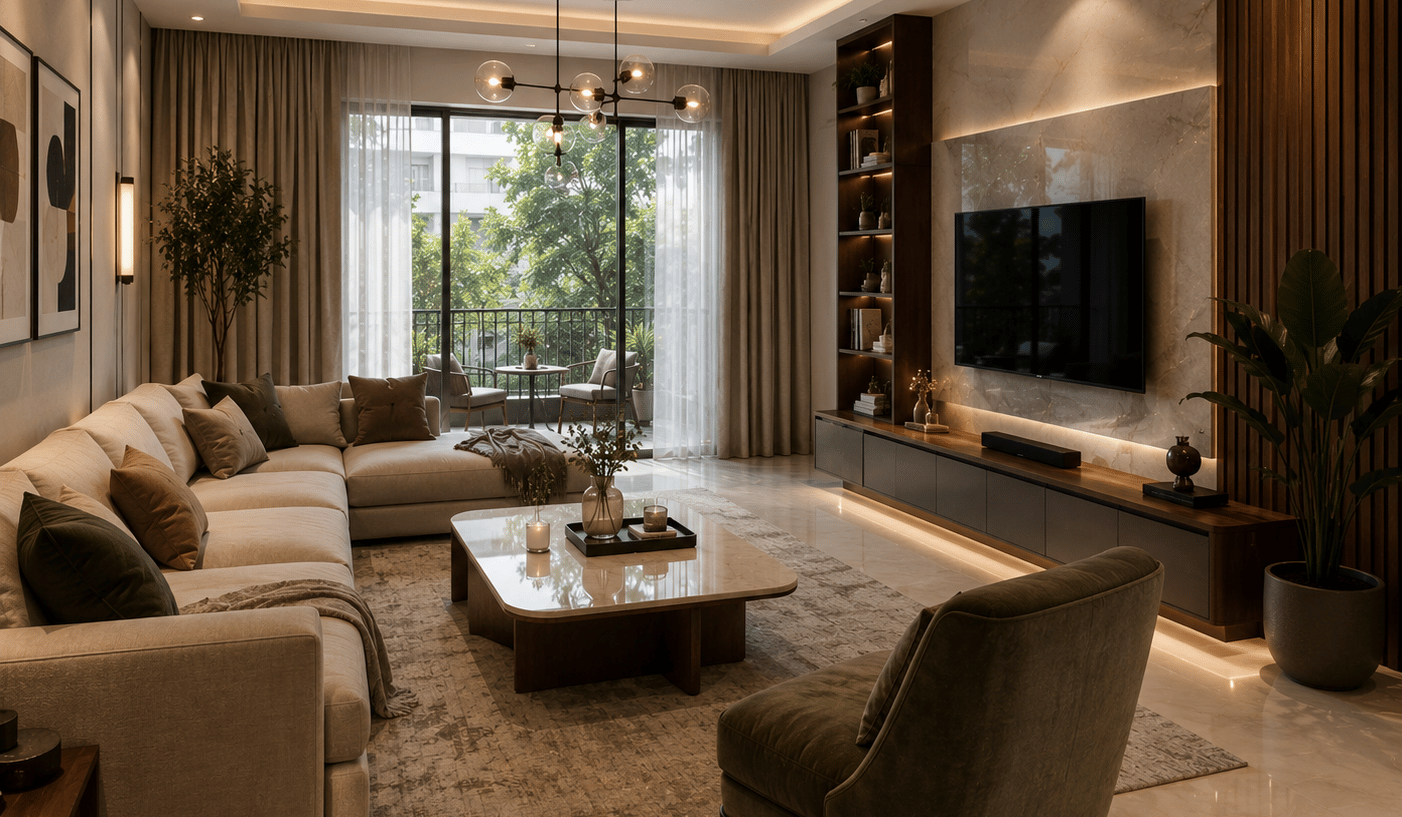 Modern luxury living room with a sectional sofa, marble TV wall, and balcony view.