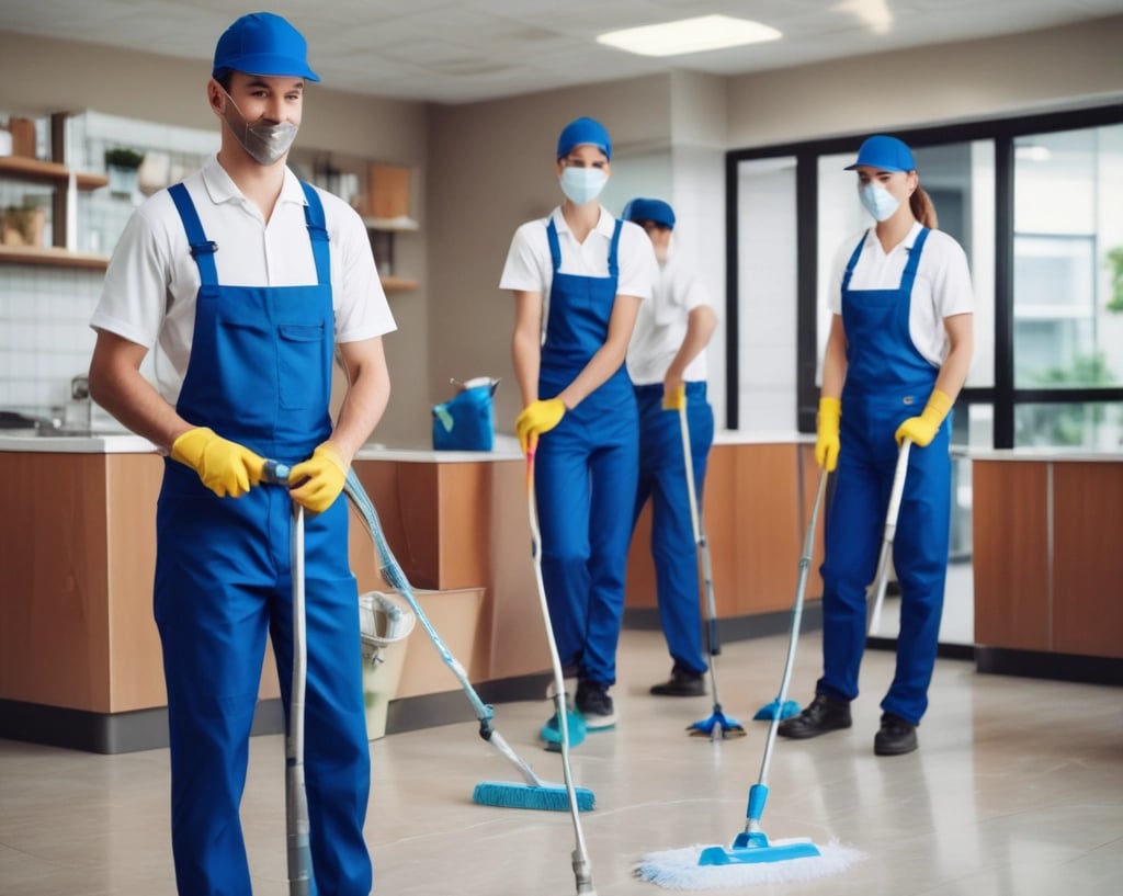 A person wearing bright orange work clothes is cleaning indoors, holding a mop. They have a fanny pack and are walking toward a tiled wall.
