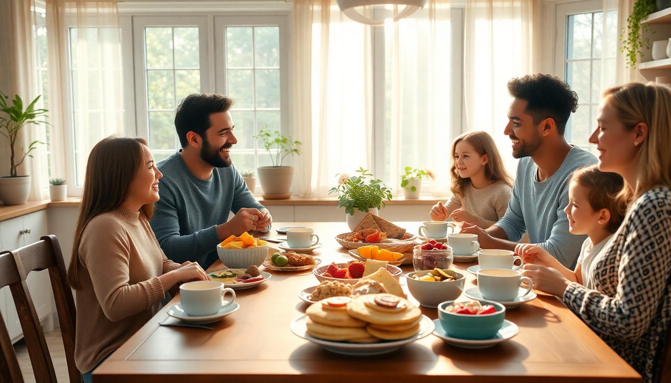 Family eating breakfast together