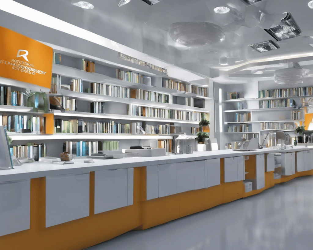 a library with a long counter top and a large bookcase