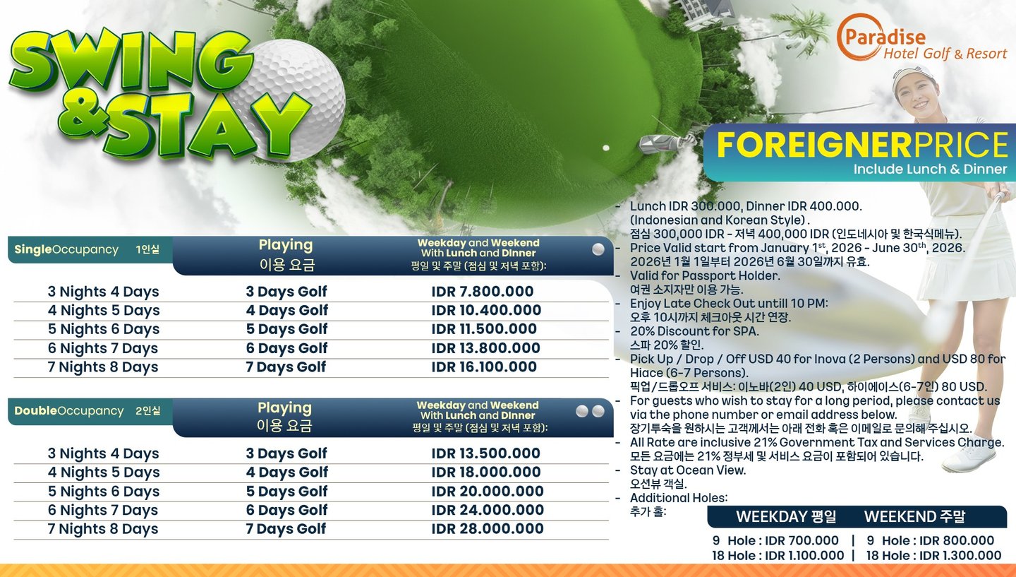 Paradise Hotel Golf and Resort Swing and Stay package pricing guide for foreign travelers featuring luxury stay and play