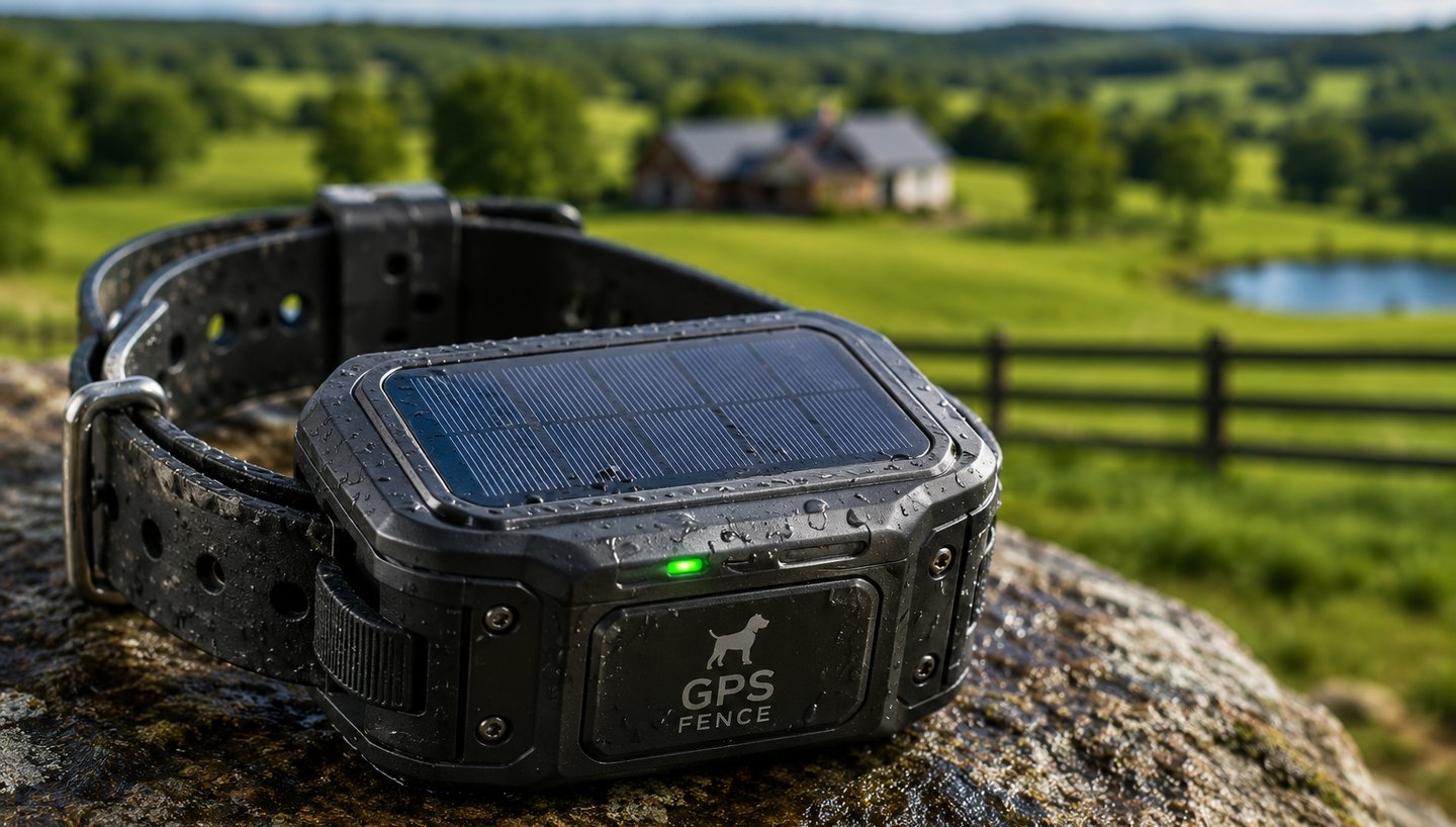 Solar-powered GPS dog collar with rugged weatherproof design for virtual fencing on large rural properties