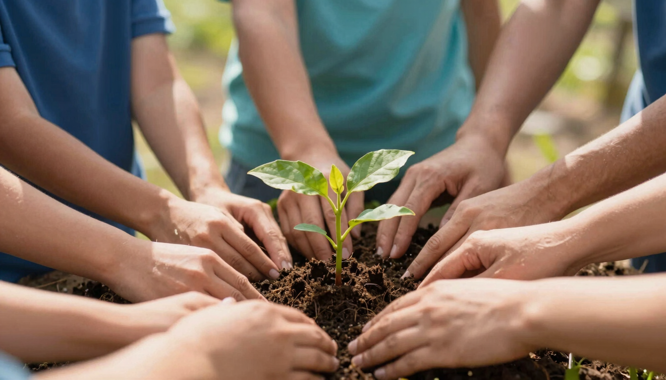 Close-up of diverse hands planting a young green sapling in rich dark soil, warm golden sunlight filtering through leaves, hopeful community action, 35mm