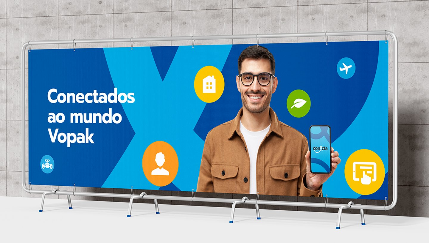 billboard with Conecta's advertisement and visual identity on a cement background