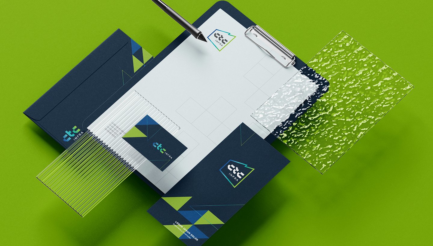 Stationery with letterhead, envelope, flyer and business card with the CTC Infra visual identity