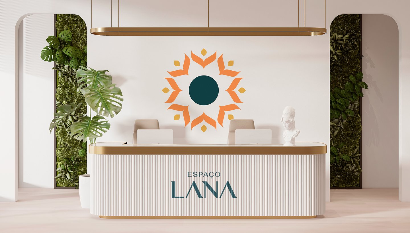 Espaço Lana studio reception with counter and wall personalized with the visual identity