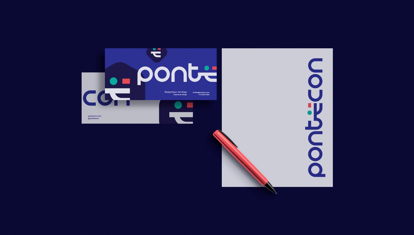 Personalized stationery with Pontecon's visual identity and logo on a blue background