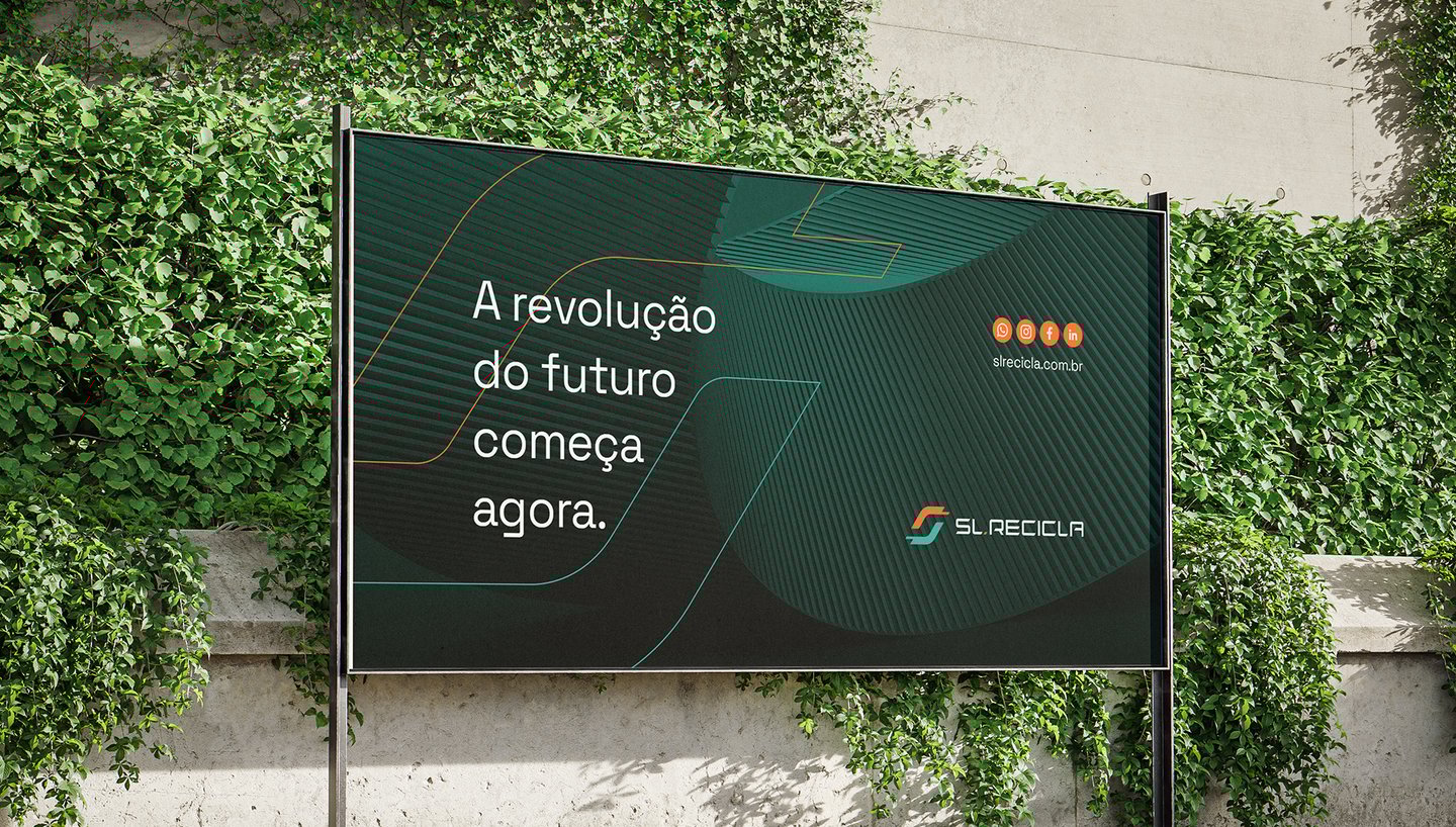 billboard with advertisement and visual identity of SL Recicla on a background with green plants