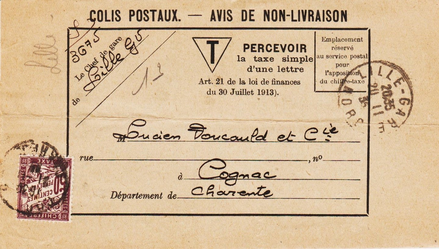 Einfache Nachporto-Gebühr von 50 Centimes für einen Brief bis 20 g (Tarif vom 21. April 1930).