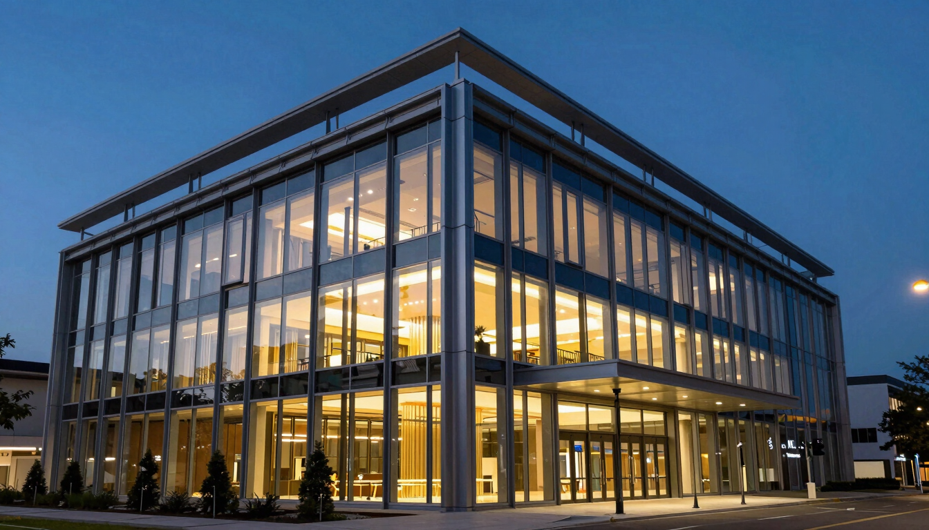 Wide-angle architectural dusk photography of a modern banking headquarters, warm interior lights glowing through massive glass and steel panels, deep blue twilight sky.