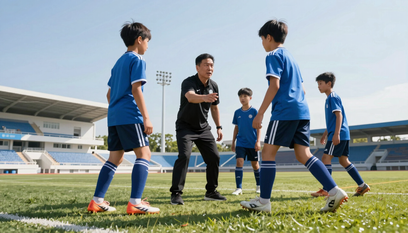 Dynamic low angle shot of a coach instructing young athletes on a pristine outdoor field, bright natural daylight, high contrast, crisp focus