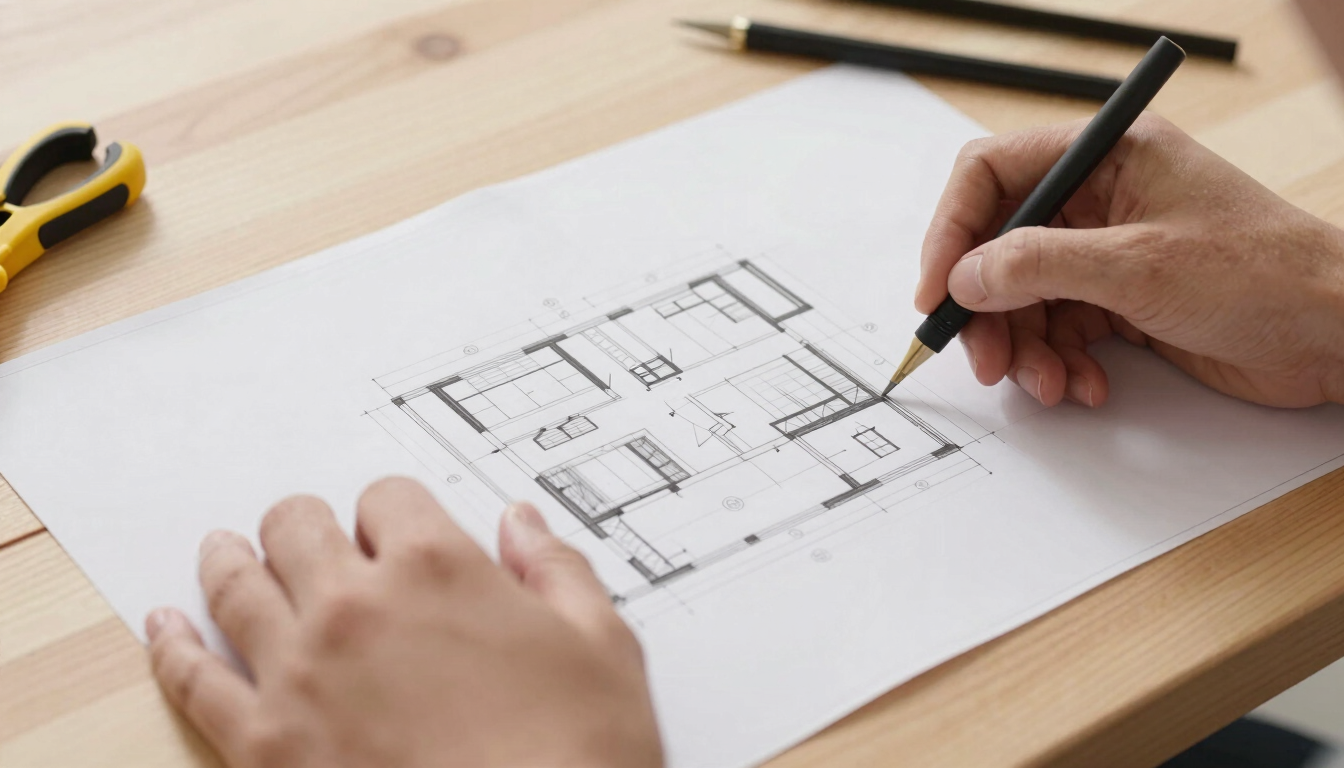 Close-up of hands drawing architectural plans on a wooden desk, drafting tools, natural side light, clean composition, 35mm