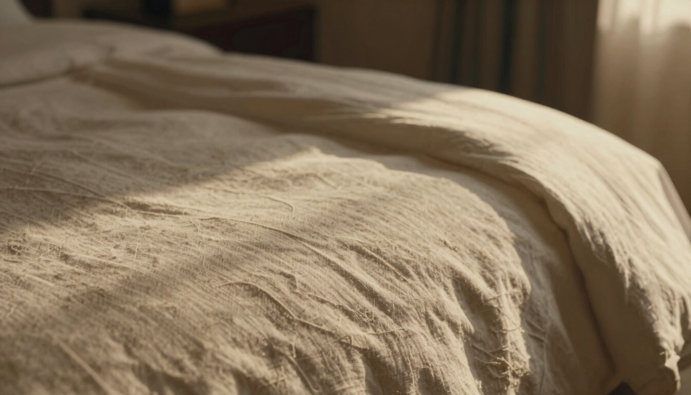 Extreme close-up of tactile details in a luxury hotel room, soft linen sheets catching morning sun, warm sand tones, shallow depth of field, 35mm film aesthetic