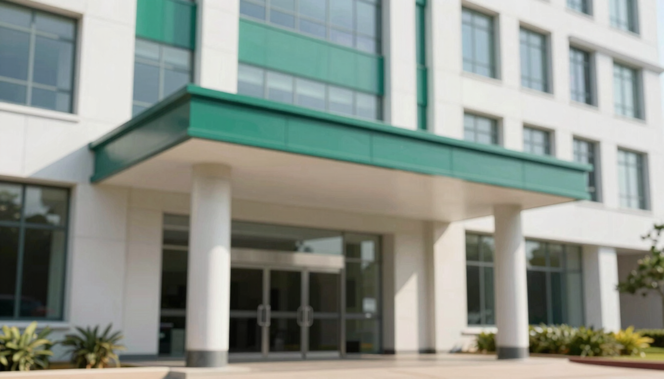 Modern architectural details of a clean, professional corporate building entrance in Gaborone, bright daylight, soft shadows