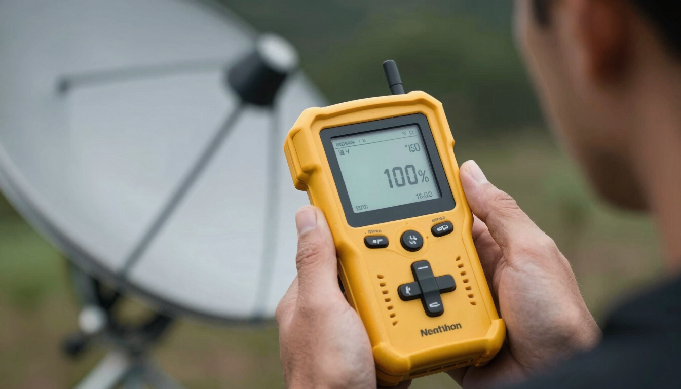 Close-up of a professional yellow handheld satellite signal meter displaying a 100% signal strength bar, held by a technician outdoors.