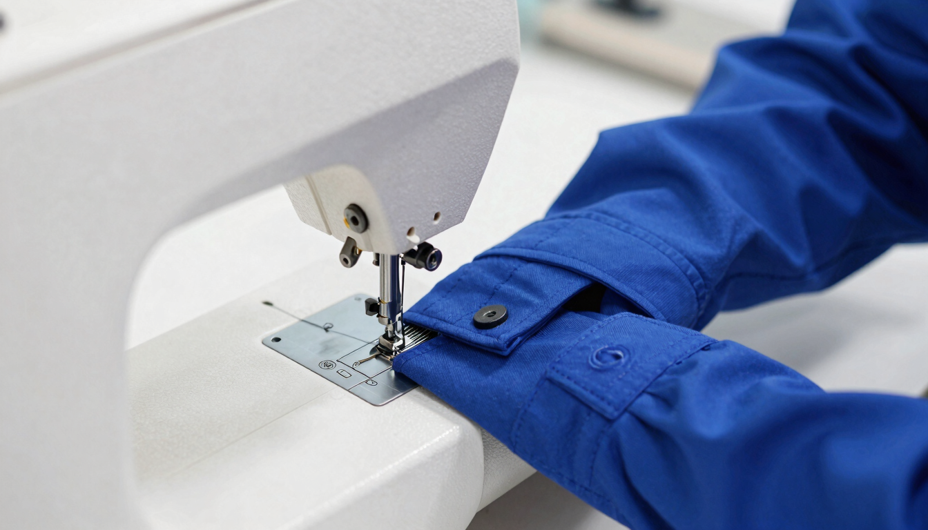 Crisp, bright close-up of heavy-duty sewing machine precision-stitching a royal blue uniform sleeve, bright daylight, sharp focus.