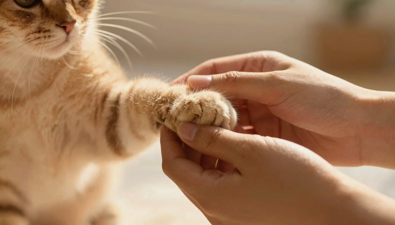 Close-up of a person gently holding a cat's paw, warm golden-hour light, soft focus on the hands, expressing deep connection and peaceful care.