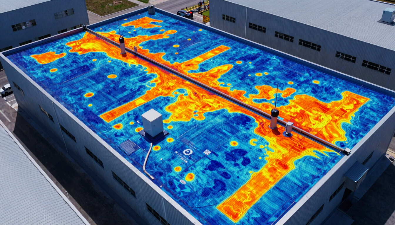 Top-down orthomosaic thermal map of a commercial warehouse roof, high-contrast cool blue and bright orange heat signatures, sharp technical telemetry markings.