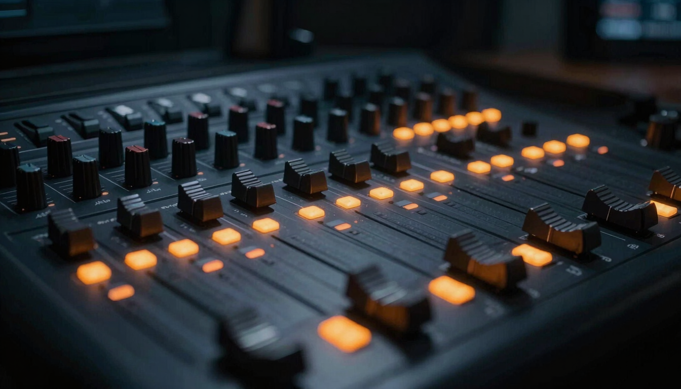 Extreme close-up of professional soundboard sliders with glowing orange LED indicators, dark Parisian studio environment, cinematic atmosphere.