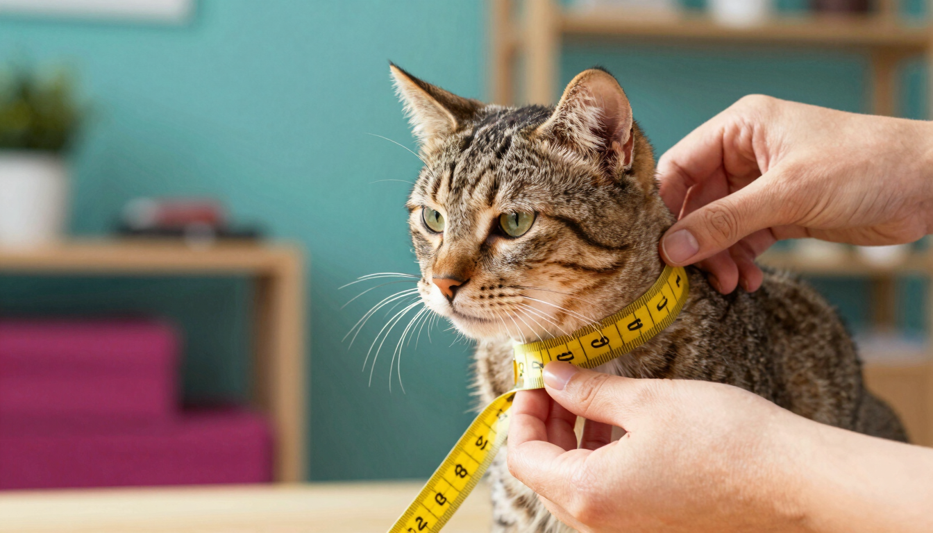 Close-up of hands gently measuring a calm tabby cat's neck with a yellow measuring tape, warm sun-drenched Celaya workshop background, soft focus.