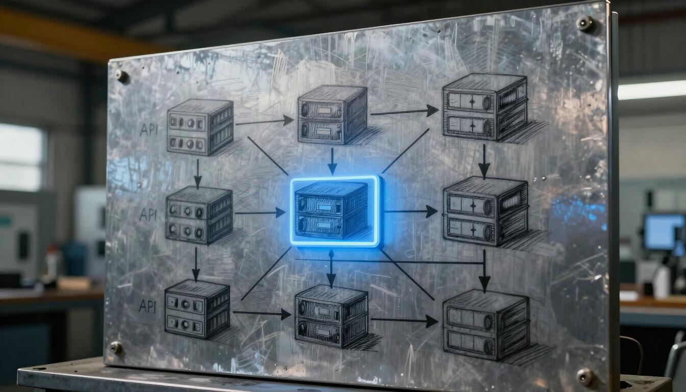 A hand-drawn system architecture diagram showing database nodes and API connections, sketched on a raw steel panel in an industrial workshop, cool blue screen glow.