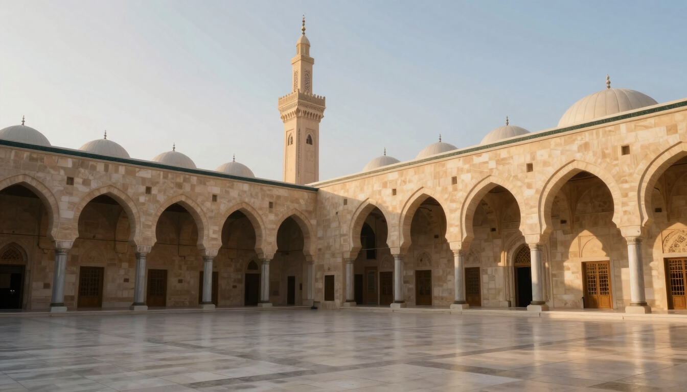 Wide environmental shot of the architectural arches of the Prophet's Mosque in Medina, soft golden morning light filtering through the courtyard, clean lines, peaceful atmosphere.