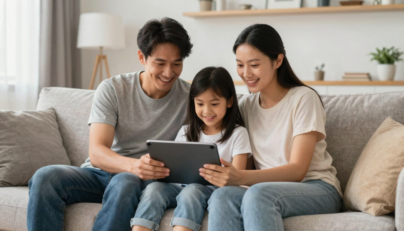 A family sitting together on a modern living room couch, streaming a movie on a tablet, smiling naturally, bright warm indoor lighting, 35mm