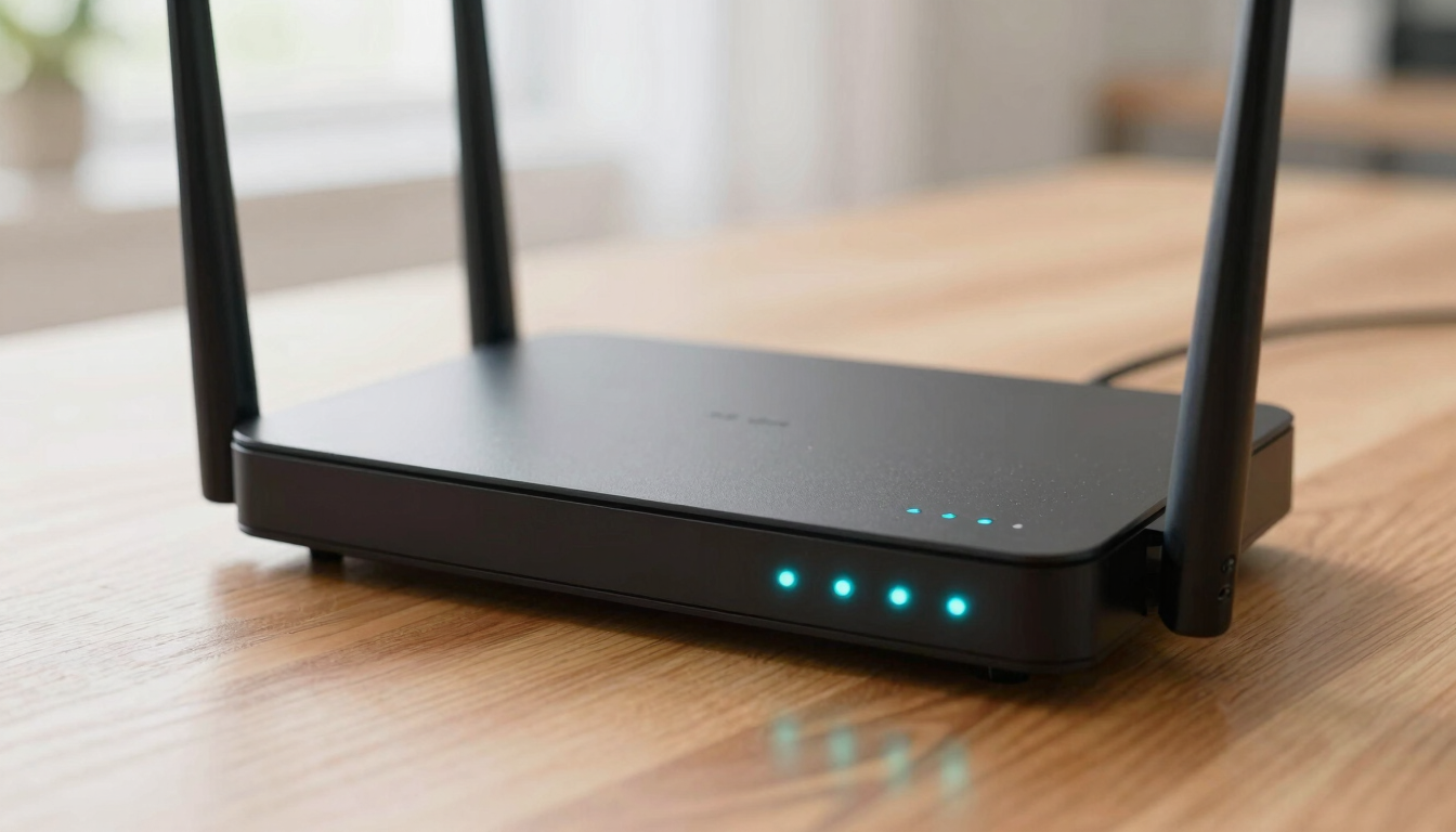Close-up of a modern sleek black internet router with glowing teal status lights on a wooden desk, soft natural daylight, shallow depth of field, 35mm