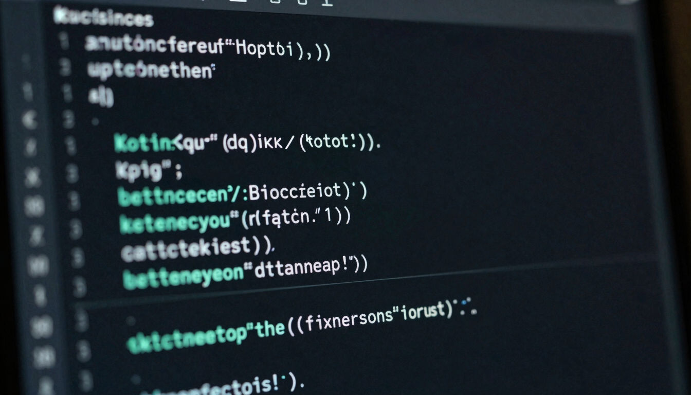 Extreme macro shot of a dark-themed IDE displaying structured Kotlin code blocks, sharp focus on syntax highlighting with a subtle cyber-mint glow illuminating the screen edges, low-key dramatic lighting.