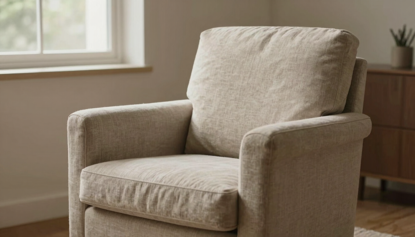 A comfortable, empty linen armchair in a warm therapeutic office, neutral tones, soft diffused daylight coming from a side window, peaceful and inviting.