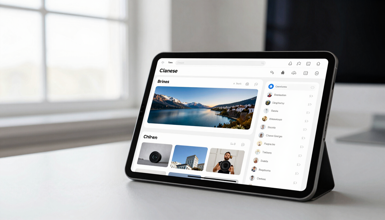 Crisp modern workspace setup with a clean UI dashboard visible on a tablet screen, soft natural window light, editorial lifestyle photography, 50mm lens.