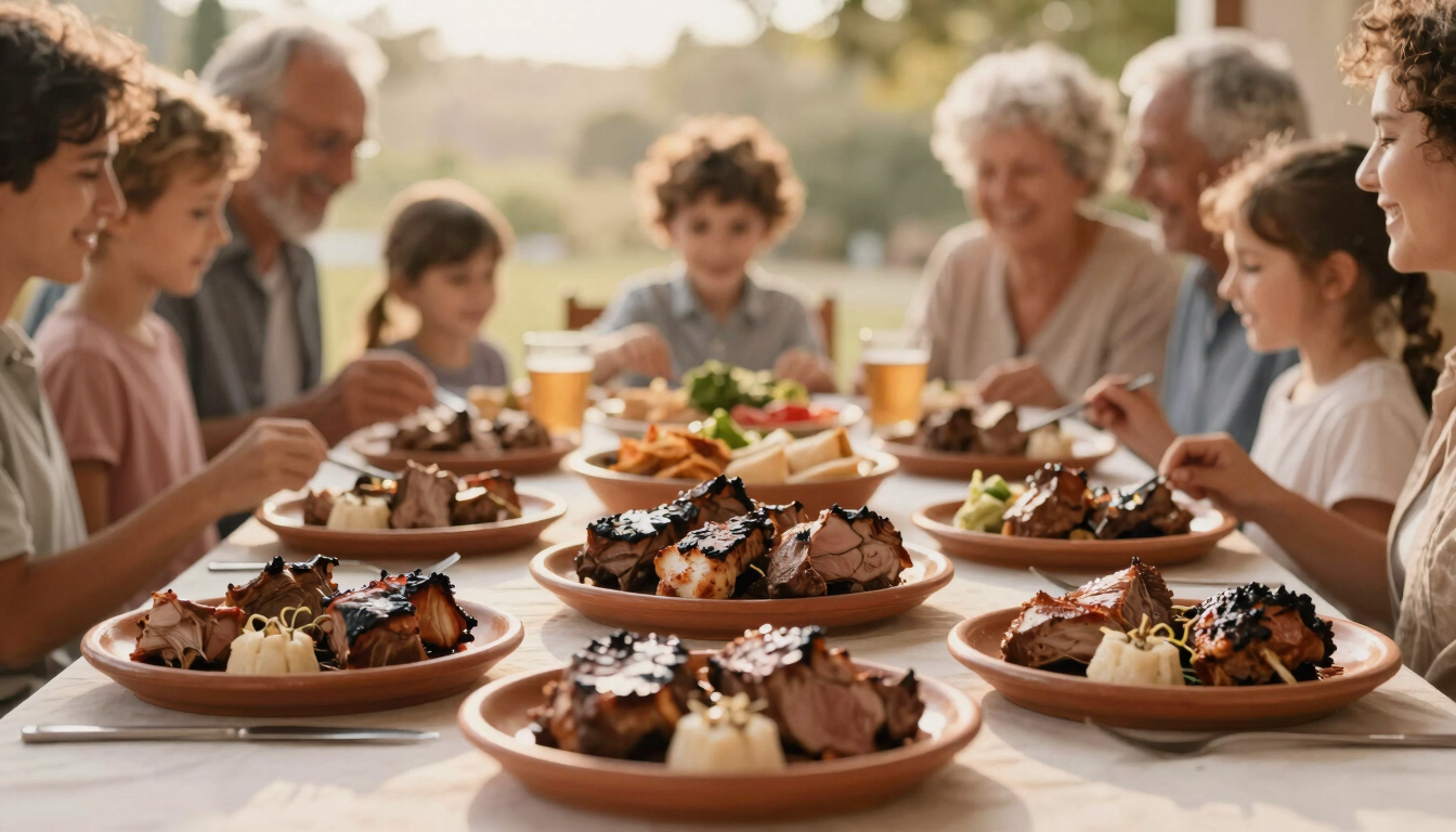 Warm family gathering around a large table, terracotta platters of grilled meats, soft natural daylight, smiling elderly and children blurred in background