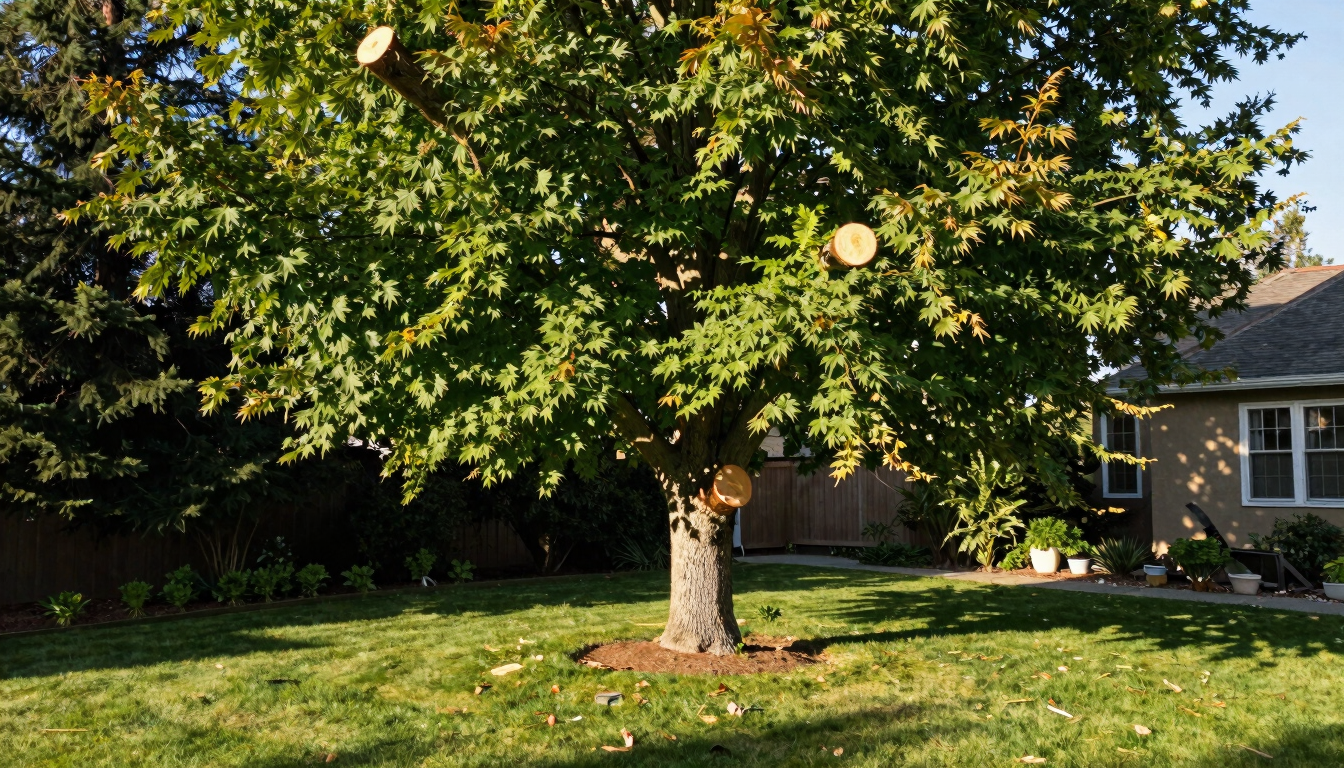 A pristine residential backyard in Boise after a major tree pruning job, clean cuts visible on a mature maple tree, no debris on the lawn, sharp morning light, 35mm.