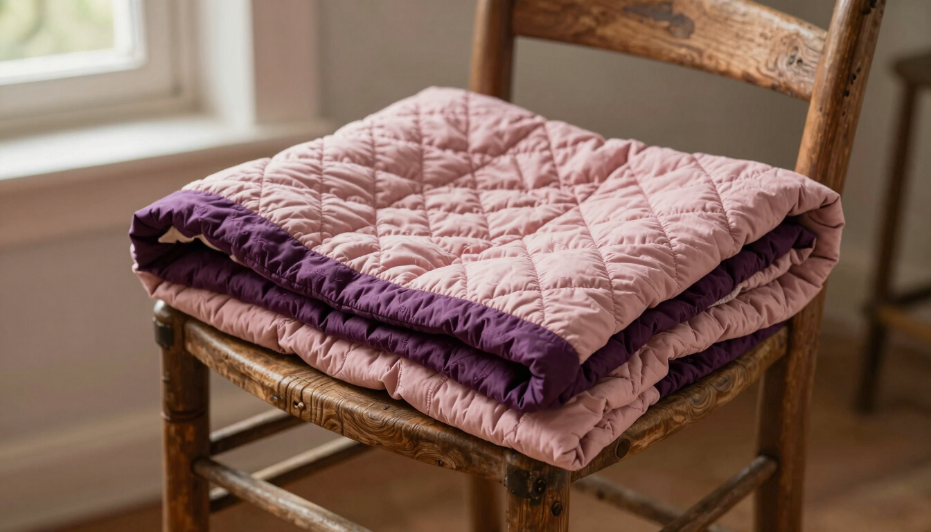 A folded plum and dusty pink handmade quilt draped over a rustic wooden chair in a sunlit French Valley home, warm side-light, cozy atmosphere