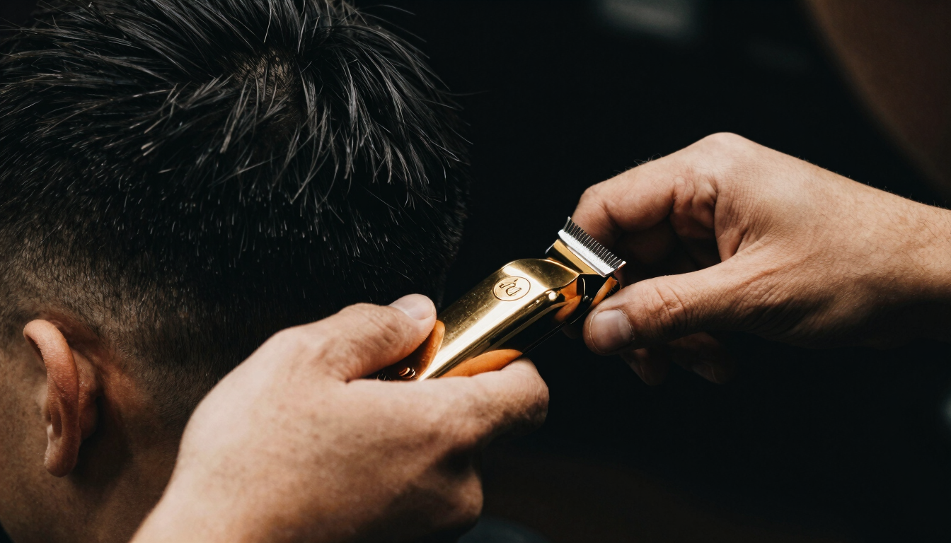 Close-up of a professional barber's hands using gold-accented clippers to sculpt a sharp fade, moody low-key lighting, deep black background, warm gold reflections