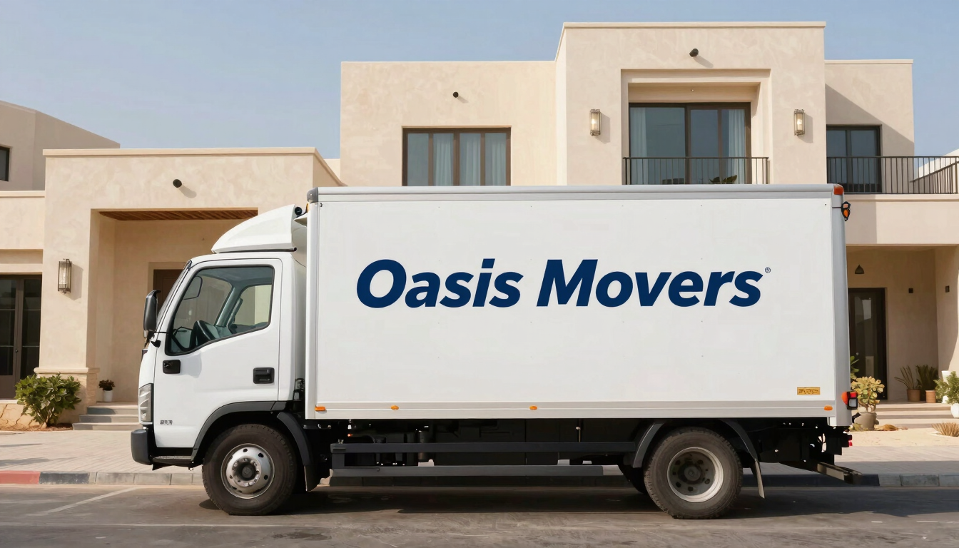 A clean, organized Oasis Movers truck with professional branding parked outside a modern villa in Fujairah under bright morning desert sun.