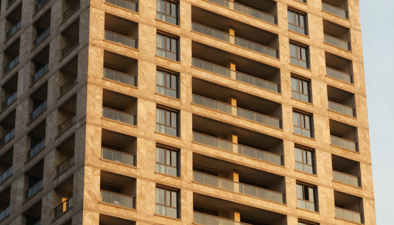 Warm golden-hour architectural detail of a premium residential tower facade in Mumbai, clean lines, rich sophisticated tones, shallow depth of field