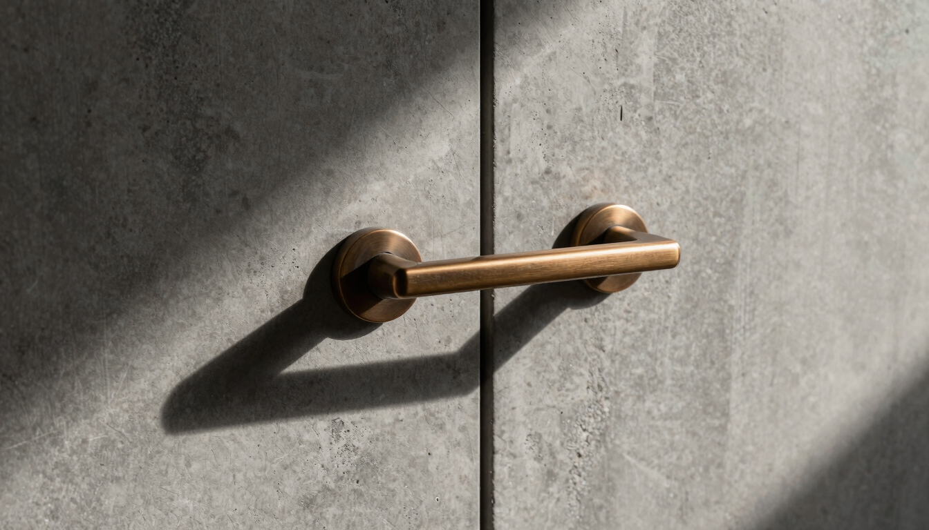 Bespoke architectural macro detail of a bronze door handle mounted on raw textured concrete wall, sharp shadows, minimalist, high-end editorial