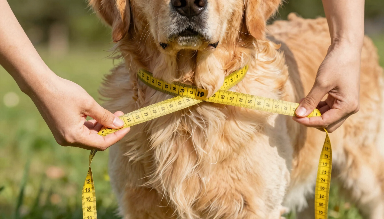 A close-up of gentle hands holding a soft yellow measuring tape around the chest of a calm Golden Retriever, bright natural daylight, showing the exact point behind the front legs, highly detailed texture of the fur.