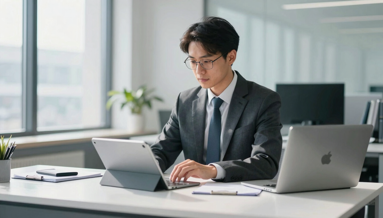 A professional UK accountant working at a modern organized desk with a tablet, bright natural daylight, cool blue and white undertones, sharp focus, 35mm
