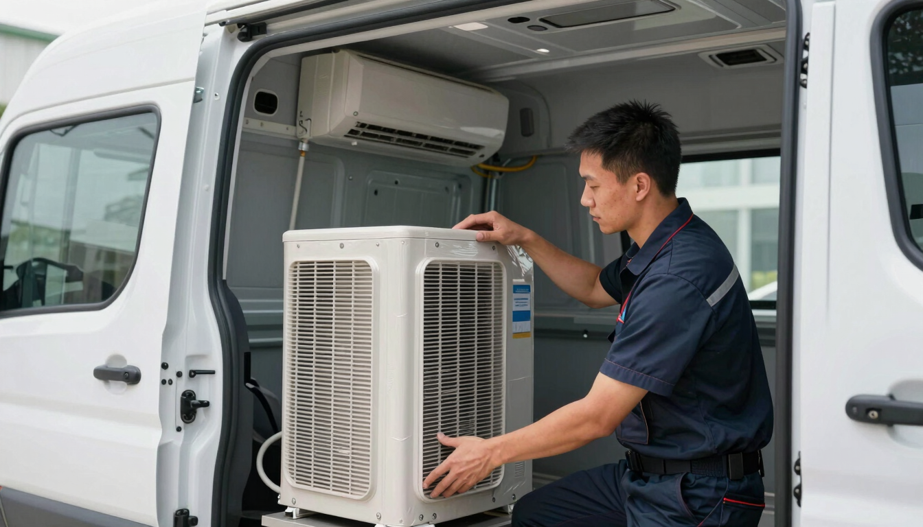 A technician in a branded uniform securing a wrapped indoor AC unit inside a clean, modern transport van, daylight, professional framing.