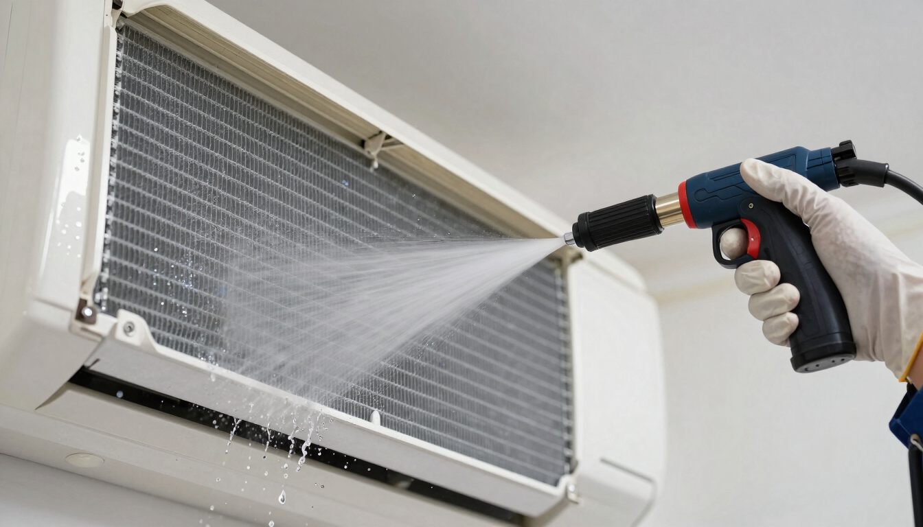 Close-up of a technician's hands in protective gloves using a high-pressure water sprayer to clean the aluminum fins of an indoor AC unit, water droplets visible, clean professional indoor lighting.