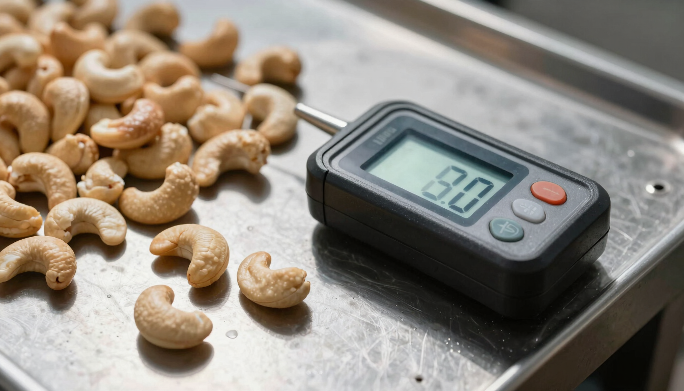 Close-up of raw cashew nuts being measured with a digital moisture meter on a metal grading table, natural high-contrast sunlight.