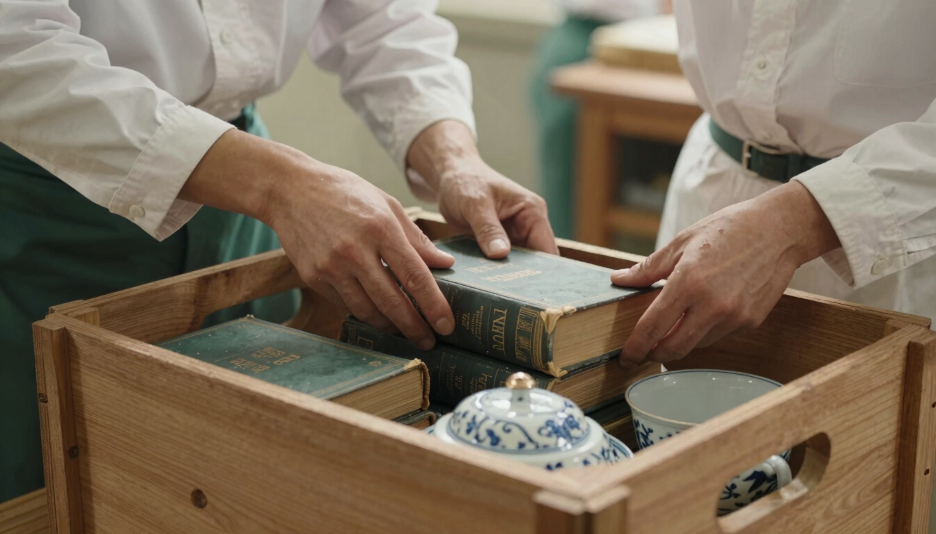 Close-up of hands in clean uniforms carefully packing vintage books and porcelain into sturdy wooden crates, soft West Country daylight.