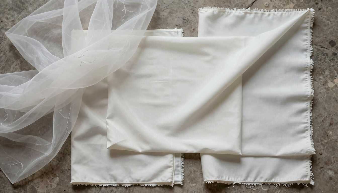 Overhead flat-lay of curated bridal textile swatches including Turkish organza and premium white crepe arranged geometrically on a stone surface, diffused natural lighting.