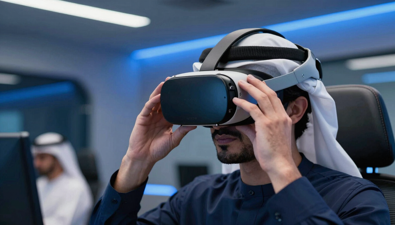 Close-up of a Qatari professional using a modern VR headset in a sleek, high-tech training room with cool blue ambient light