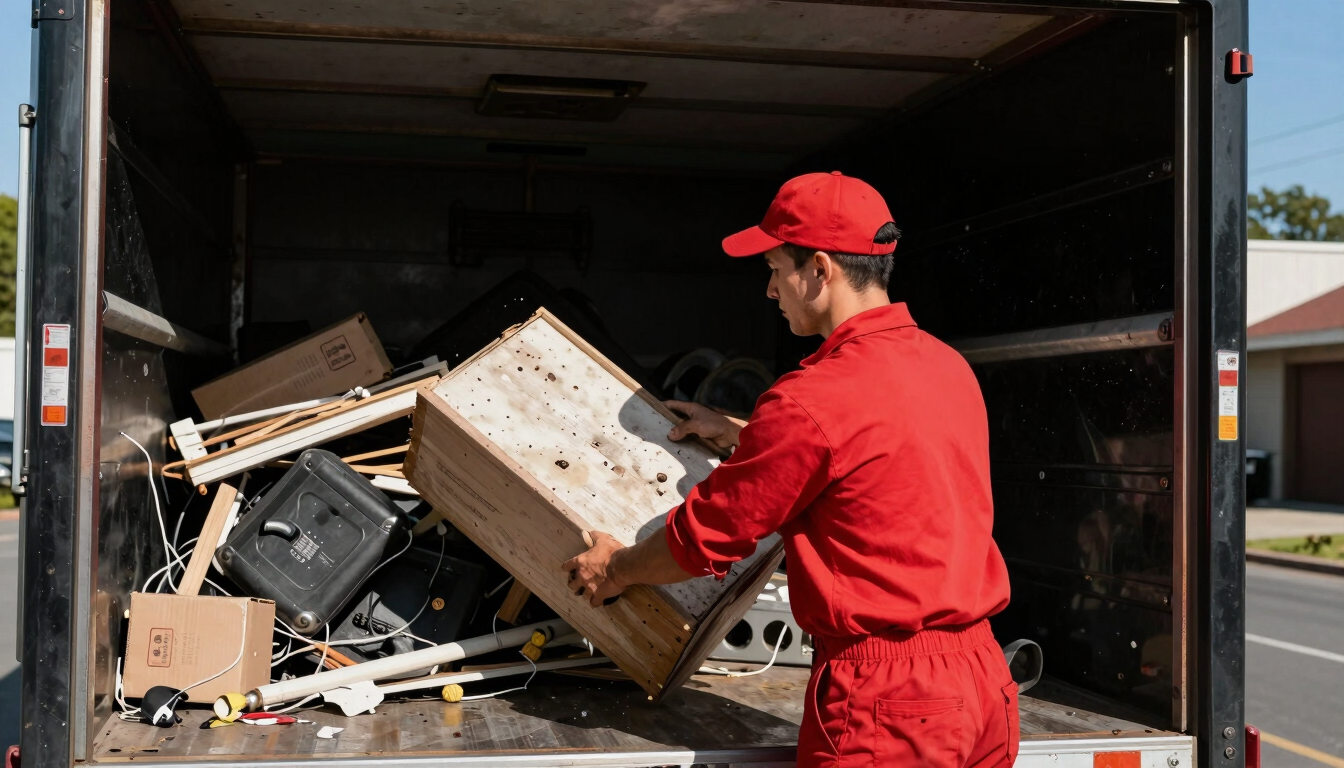 A professional handyman in a red uniform loading junk into a clean black trailer, bright Richmond outdoor daylight, high contrast, 35mm